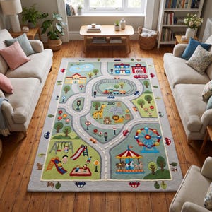 May include: A rectangular area rug featuring a colourful play city map design with roads, a train track, a zoo with animals, a playground, a carousel, and a Ferris wheel. The rug includes buildings labelled school, police, and fire station.