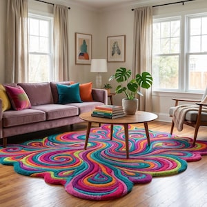 Peut inclure: Un salon avec un tapis color&eacute; au design tourbillonnant dans les tons de rose, bleu, jaune et vert. Un canap&eacute; mauve avec des coussins color&eacute;s est plac&eacute; devant des fen&ecirc;tres et des rideaux neutres. Une table basse en bois et une chaise avec une couverture compl&egrave;tent la sc&egrave;ne.