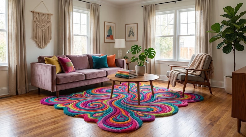 Peut inclure: Un salon avec un tapis color&eacute; au design tourbillonnant dans les tons de rose, bleu, jaune et vert. Un canap&eacute; mauve avec des coussins color&eacute;s est plac&eacute; devant des fen&ecirc;tres et des rideaux neutres. Une table basse en bois et une chaise avec une couverture compl&egrave;tent la sc&egrave;ne.