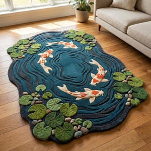 May include: An irregularly shaped area rug featuring a deep blue pond design with concentric ripples. Four white and orange koi fish swim across the surface, surrounded by textured green lily pads and small grey stones along the edges.