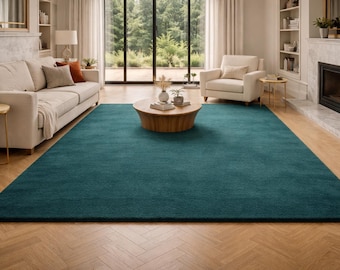 Alfombra de lana verde azulado, hecha a mano, moderna y minimalista, de felpa azul océano profundo, para sala de estar, dormitorio, tamaño personalizado: 6 x 9, 8 x 10, 9 x 12, 10 x 14