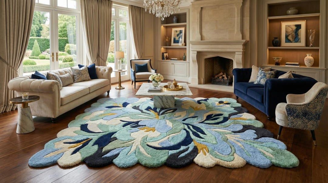 Modern Floral Wool Rug Blue Green, Hand Tufted Abstract Botanical Rug ...