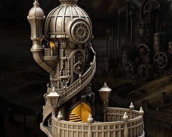 May include: A detailed, grey, steampunk-style tower with a spiral staircase and a clock face. The tower has a decorative fence and is set against a backdrop of industrial machinery.
