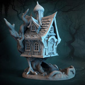 May include: A detailed, light-colored miniature fairy house, nestled within the branches of a tree. The house features a domed roof, multiple windows, and a wooden door. The base of the tree has a claw-like structure, and the background is a dark, blurred forest.