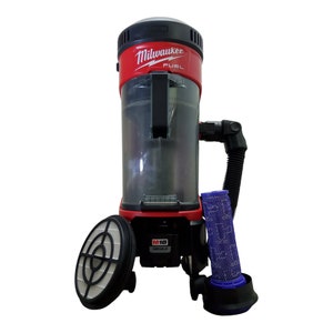 May include: A red and black cordless vacuum cleaner with a clear dustbin and a blue filter. The vacuum cleaner is labeled "Milwaukee FUEL".