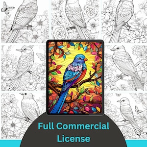 以下が含まれることがあります： 鳥と花をモチーフにした、複雑な線画が描かれた50ページのデジタル塗り絵。表紙には、ステンドグラスのような細部が施されたカラフルな鳥が、秋の葉のついた枝に止まっている様子が描かれています。