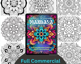 Pode incluir: Um tablet digital que exibe um design de mandala colorido com o texto "Stress Relieving Mandala" e "Relaxing Mandala Patterns Adult Coloring Book". O tablet está rodeado por oito designs de mandala em preto e branco. O texto "Full Commercial License" está na parte inferior da imagem.