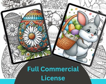 May include: A digital coloring book with 50 pages of Easter-themed illustrations. The cover features a bunny holding a basket of colorful eggs. The book is available with a full commercial license.