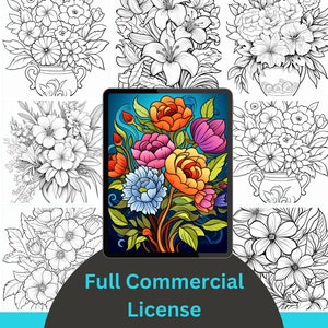 May include: A digital coloring book with 51 pages of floral designs. The cover features a colorful illustration of a bouquet of flowers. The book is available with a full commercial license.