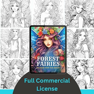 May include: A colouring book featuring illustrations of fairies with wings and flowers. The cover shows a fairy with purple hair and blue wings. The title of the book is "Forest Fairies Colouring Book for Adults". The book includes 50 pages and comes with a full commercial licence.