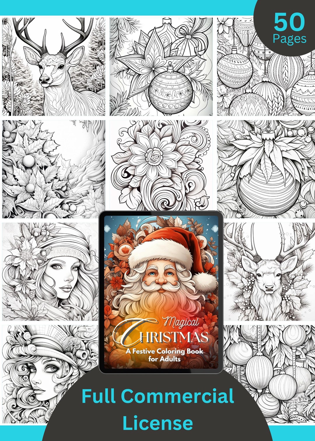 50 Christmas Coloring Book | Adult Coloring Pages | Grayscale Coloring ...