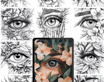 May include: A digital download of 500 coloring pages featuring detailed drawings of eyes surrounded by flowers and foliage. The image shows a variety of styles, including realistic and stylized. The text "Full Commercial License" is displayed at the bottom of the image.