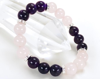 Rose Quartz and Amethyst 10mm Beaded Grade A+ Genuine Gemstone Bracelet, 7.5 Inch Bracelet, Love Bracelet, Women's Bracelet