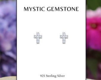 Sterling Silver Tiny CZ Cross Earrings, Cross Studs, Crystal Cross Jewelry, Baptism Jewelry, Solid 925 Sterling Silver