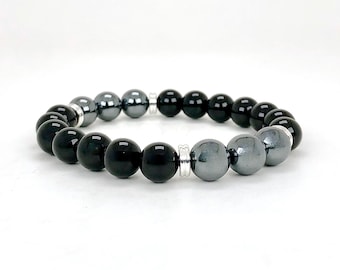 Men's Black Agate & Hematite Beaded Bracelet, Grounding Protection