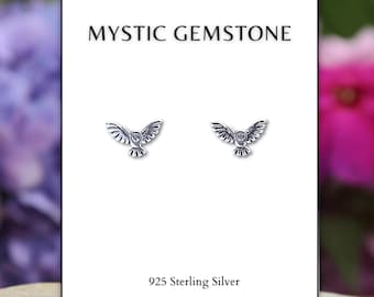 Owl Earrings, Owl In Flight Stud Earrings, Flying Owl Earrings, Bird Earrings, Owl Jewelry - Solid 925 Sterling Silver