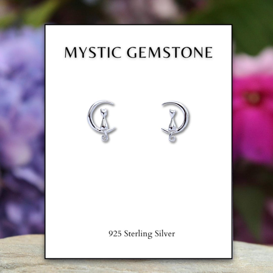 Sterling Silver Cat on Moon Stud Earrings: Cat Lover Jewelry  display picture 1