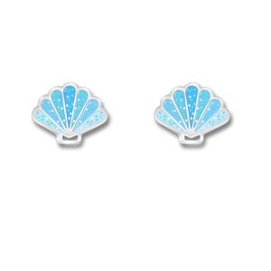May include: Two seashell-shaped earrings. Each earring features a fan-like design with shades of blue and white, speckled with small white dots. The earrings have a silver-colored base and a small, curved bottom.