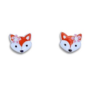May include: A pair of silver fox stud earrings with orange and white enamel and a pink flower detail.