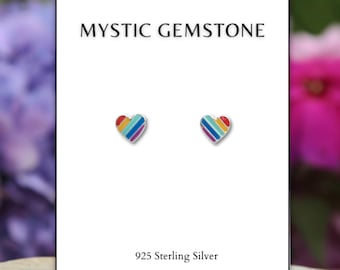 Rainbow Heart Stud Earrings - Solid 925 Sterling Silver - Kids, Teens and Adult Jewelry-Gay Pride Earrings