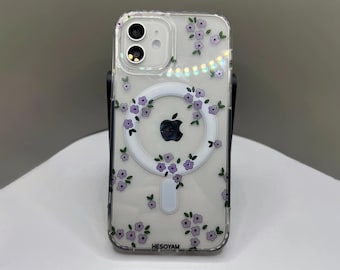 Hesoyam Purple Flowers UltraSafe Magsafe Clear Shockproof Case for iPhone 11 12 13 14 15 16 17 Pro Max Mini Plus 6 7 8 XR X Xs Max Plus
