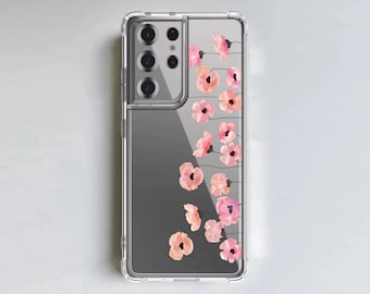 Hesoyam Pink Flowers Ultra Safe Clear Shockproof Case for Samsung Galaxy S 25 24 23 22 21 20 Ultra + Plus