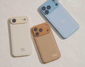 Personalisierte Handyhülle iPhone 17 iPhone 16 iPhone 15 iPhone 14 iPhone 13 iPhone 12, 11 Plus Pro Max XR geprägte Initialen auf Leder