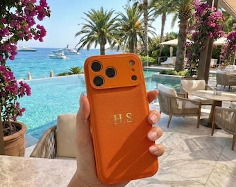 Orange Ledertasche für iPhone 17 17 Air 17 Pro Max Gold Initialen Monogramm graviert Vegan Leder Luxus Handyhülle Geschenk