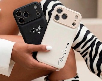 Personalized Leather Case for iPhone 17 16 15 14 13 12 11 XR Black White Name Monogram Engraved Vegan Leather Luxury Phone Cover Gift ideia