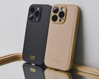 Personalized Leather Case for iPhone 17 16 15 14 13 12 11 XR Gold Initials Monogram Engraved Vegan Leather Luxury Phone Cover Gift ideia