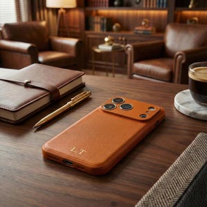 K&ouml;nnte beinhalten: Eine orangefarbene Leder-Handyh&uuml;lle mit drei Kameralinsen und den Initialen "L.T." unten eingraviert. Ein goldener Stift und ein braunes Leder-Notizbuch liegen ebenfalls auf dem Holztisch. Der Hintergrund zeigt Ledersessel und ein B&uuml;cherregal.