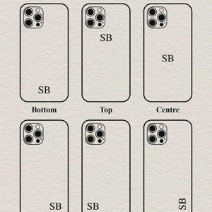 K&ouml;nnte beinhalten: Diagramm von Handyh&uuml;llen mit verschiedenen Optionen f&uuml;r die individuelle Positionierung. Der Text "Custom Position" steht oben. Jede H&uuml;lle hat einen Kameraausschnitt und die Initialen "SB" an verschiedenen Stellen: unten, oben, Mitte, unten rechts, unten links und Seite.