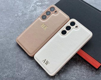 Personalized Leather Case for Samsung Galaxy S25 24 23 22 21 FE Ultra Gold Initials Monogram Engraved Vegan Leather Luxury Phone Cover Gift