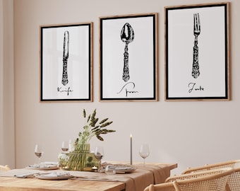 Vintage Cutlery Wall Art Prints (3-Pack) 11x17 inches Knife, Spoon, Fork Posters for Dining Room or Cafe Decor, Restaurant Art Prints
