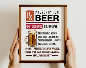 Prescription Beer Wall Art, Funny Beer Decor Gift, Beer Lover Gift, Bar Decor Gift, Man Cave Art Gift, Home Bar Art Gift, Gift for Him