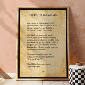 Cherokee Tale of Two Wolves Inspirational Wall Art - Framed Motivational Wall Art Print for Home Decor