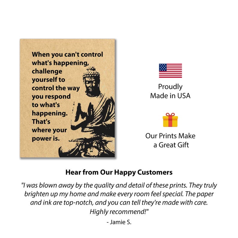 May include: A motivational quote about controlling your response to difficult situations, featuring a black and white illustration of Buddha. The quote reads: "When you can't control what's happening, challenge yourself to control the way you respond to what's happening. That's where your power is."