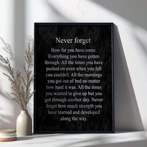 May include: Black and white inspirational quote poster with the text "Never forget" and a message about perseverance and overcoming challenges. The poster has a textured background.