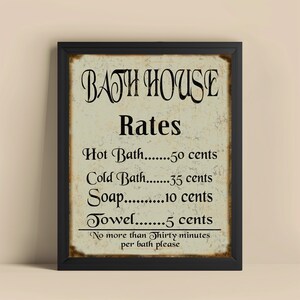 Letrero de tarifas de casa de baños vintage, decoración rústica de baño, letrero de baño antiguo, arte de pared de baño, regalo de decoración retro para el hogar, regalo para él imagen 4