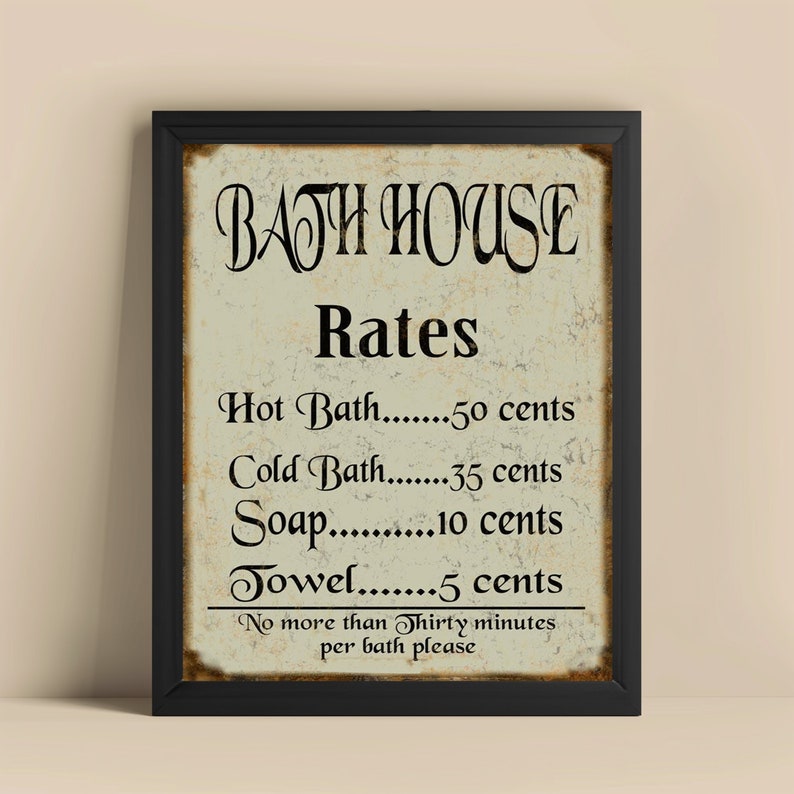 Letrero de tarifas de casa de baños vintage, decoración rústica de baño, letrero de baño antiguo, arte de pared de baño, regalo de decoración retro para el hogar, regalo para él imagen 4