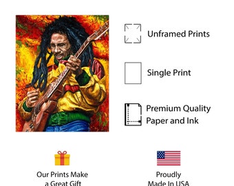 Bob Marley Art Poster, Vibrant Reggae Music Wall Art, Iconic
