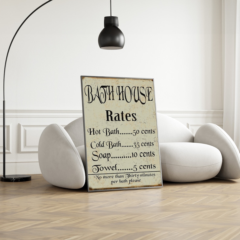 Letrero de tarifas de casa de baños vintage, decoración rústica de baño, letrero de baño antiguo, arte de pared de baño, regalo de decoración retro para el hogar, regalo para él imagen 5