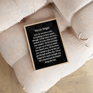 May include: A black and white motivational quote poster with the text "Never forget" and a message about perseverance and growth. The poster is framed and hanging on a beige wall.