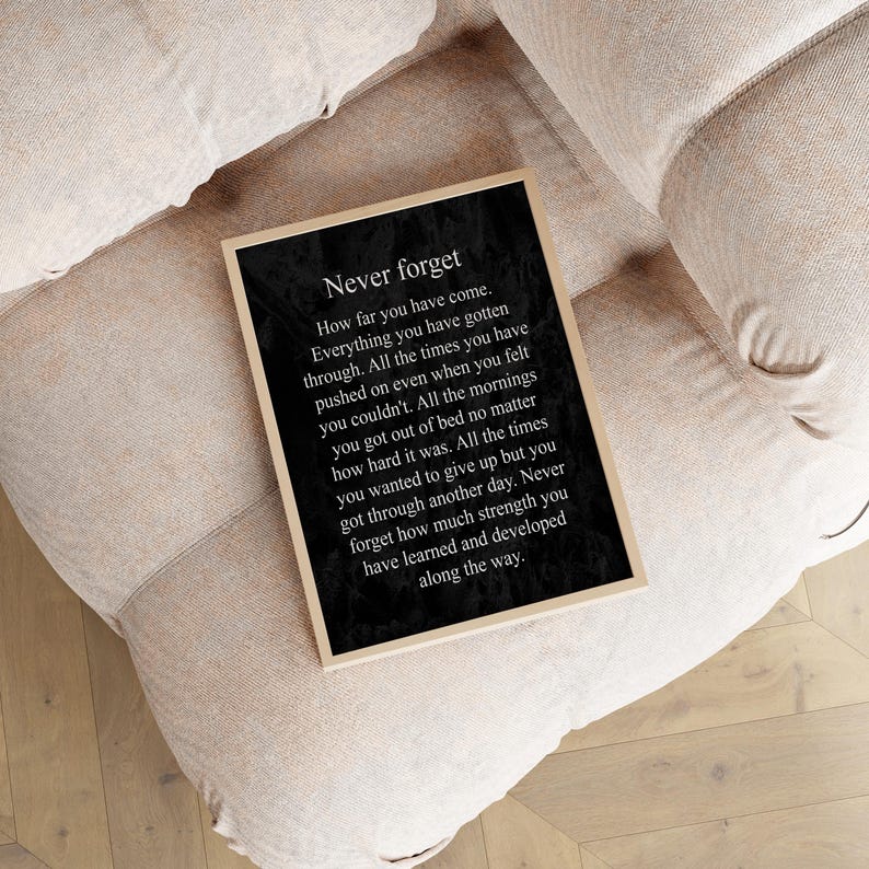 May include: A black and white motivational quote poster with the text "Never forget" and a message about perseverance and growth. The poster is framed and hanging on a beige wall.