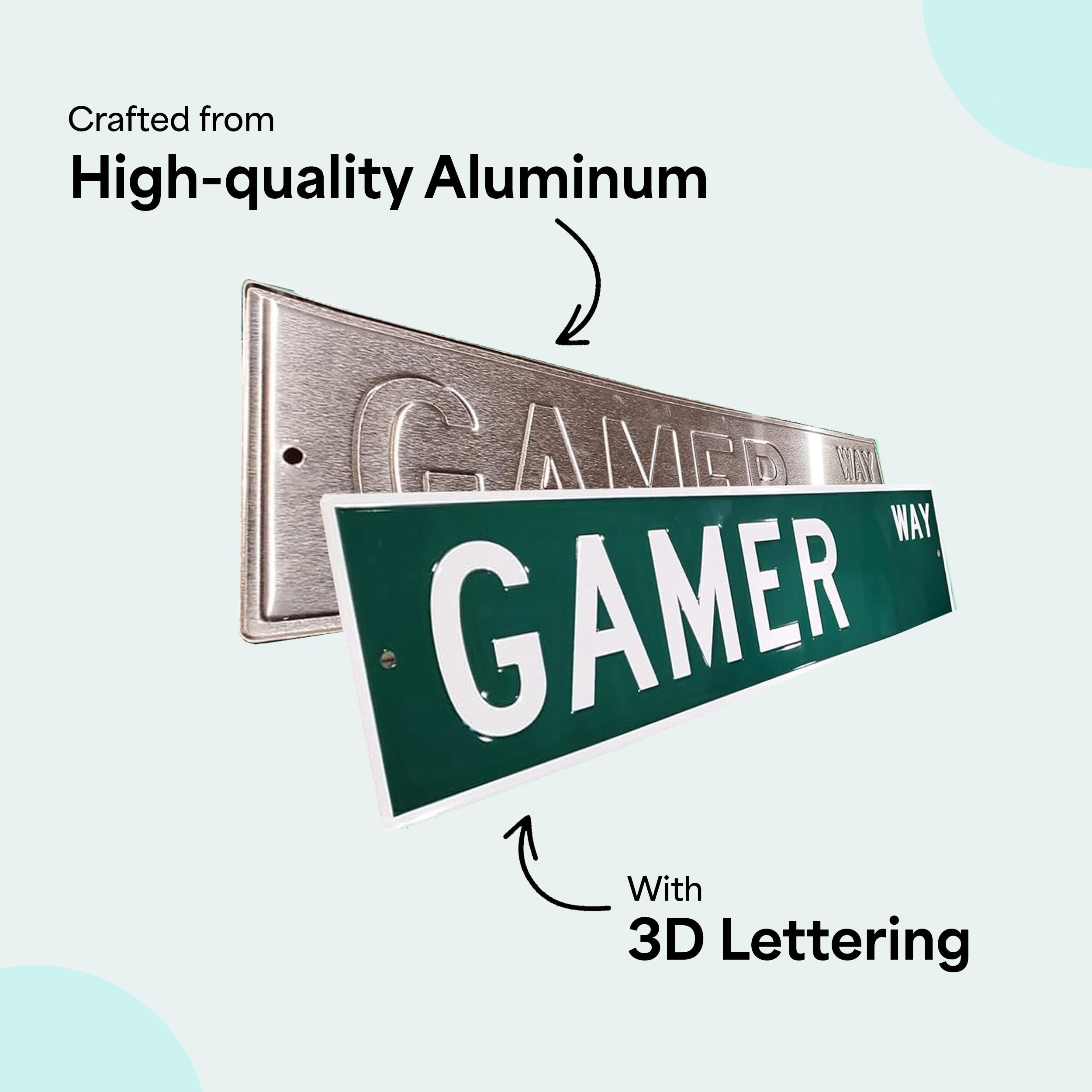 Gamer Way Metal Street Sign – 18x5 Aluminum Game Room Decor, 3D
