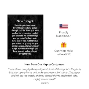 May include: Black and white inspirational quote print with the text "Never forget" and a motivational message about perseverance. The print is framed with a black border and has a distressed background. The print is displayed on a white surface with a red, white, and blue American flag and a gift box icon. The text "Proudly Made in USA" and "Our Prints Make a Great Gift" are also displayed.