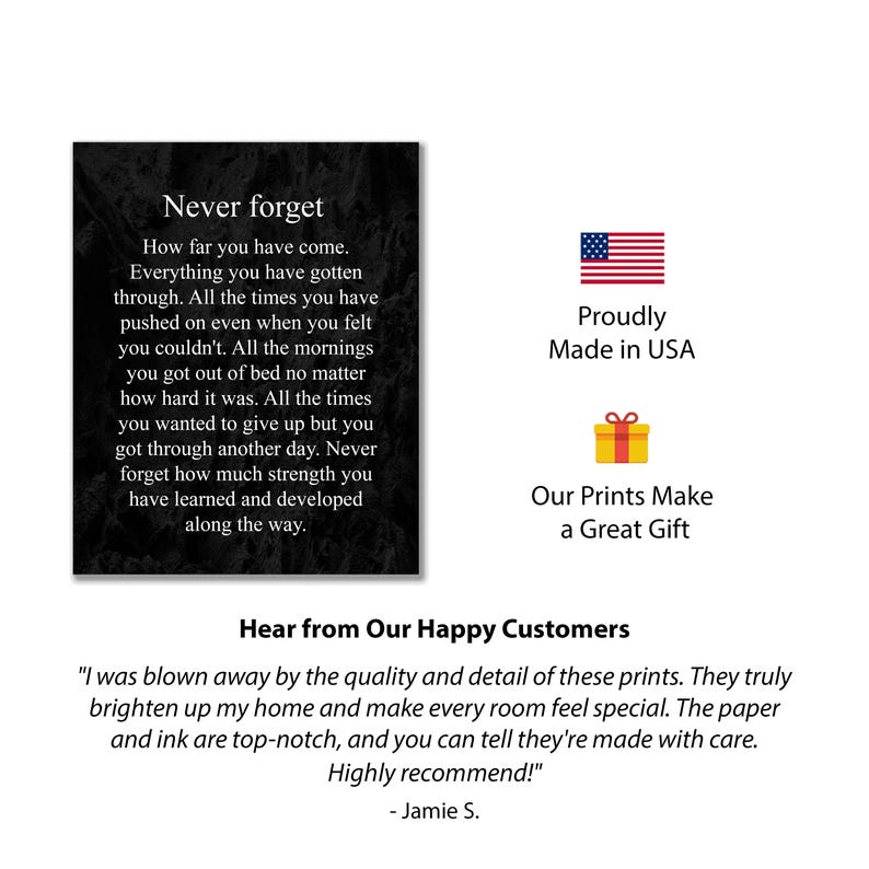 May include: Black and white inspirational quote print with the text "Never forget" and a motivational message about perseverance. The print is framed with a black border and has a distressed background. The print is displayed on a white surface with a red, white, and blue American flag and a gift box icon. The text "Proudly Made in USA" and "Our Prints Make a Great Gift" are also displayed.