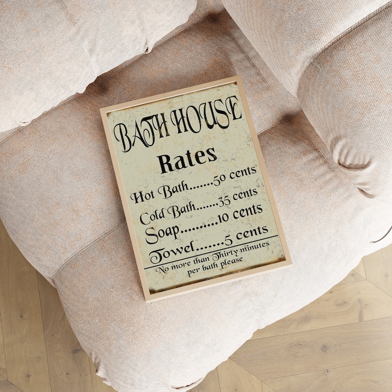 Letrero de tarifas de casa de baños vintage, decoración rústica de baño, letrero de baño antiguo, arte de pared de baño, regalo de decoración retro para el hogar, regalo para él imagen 7