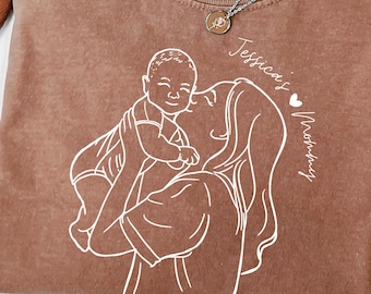 Custom Line Art Mama Shirt From Photo, Personalized Mom Minimalist Portrait Tee, Mother’s Day Gift