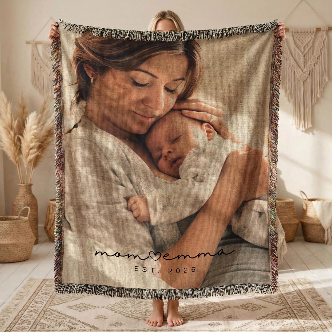 New Mom Photo Blanket, Custom Names and Est Year, Personalized Woven ...
